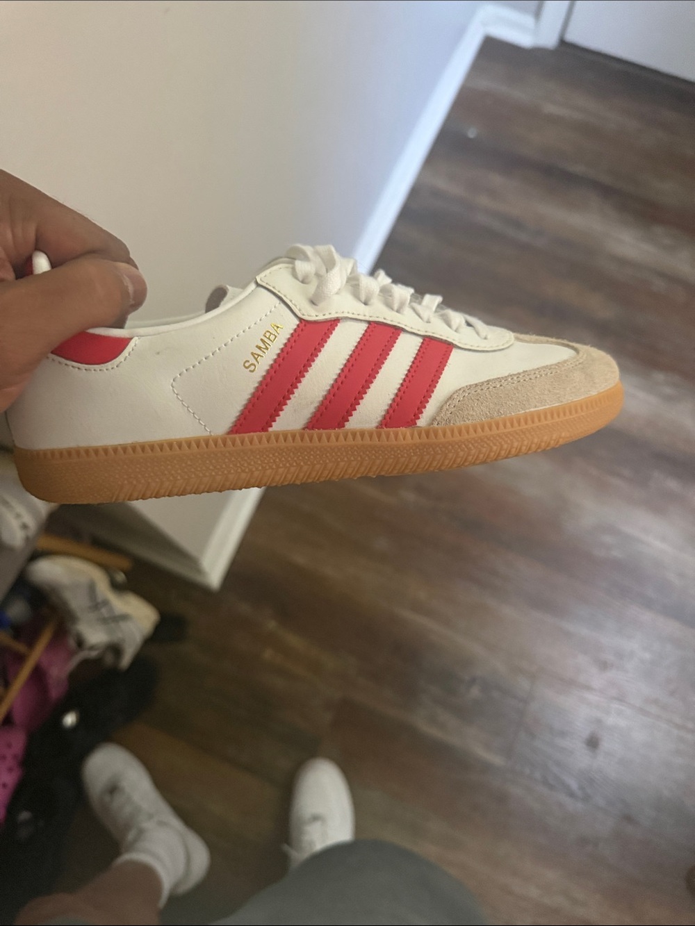 adidas Kids Samba Sneaker in White and Red with Gum Sole